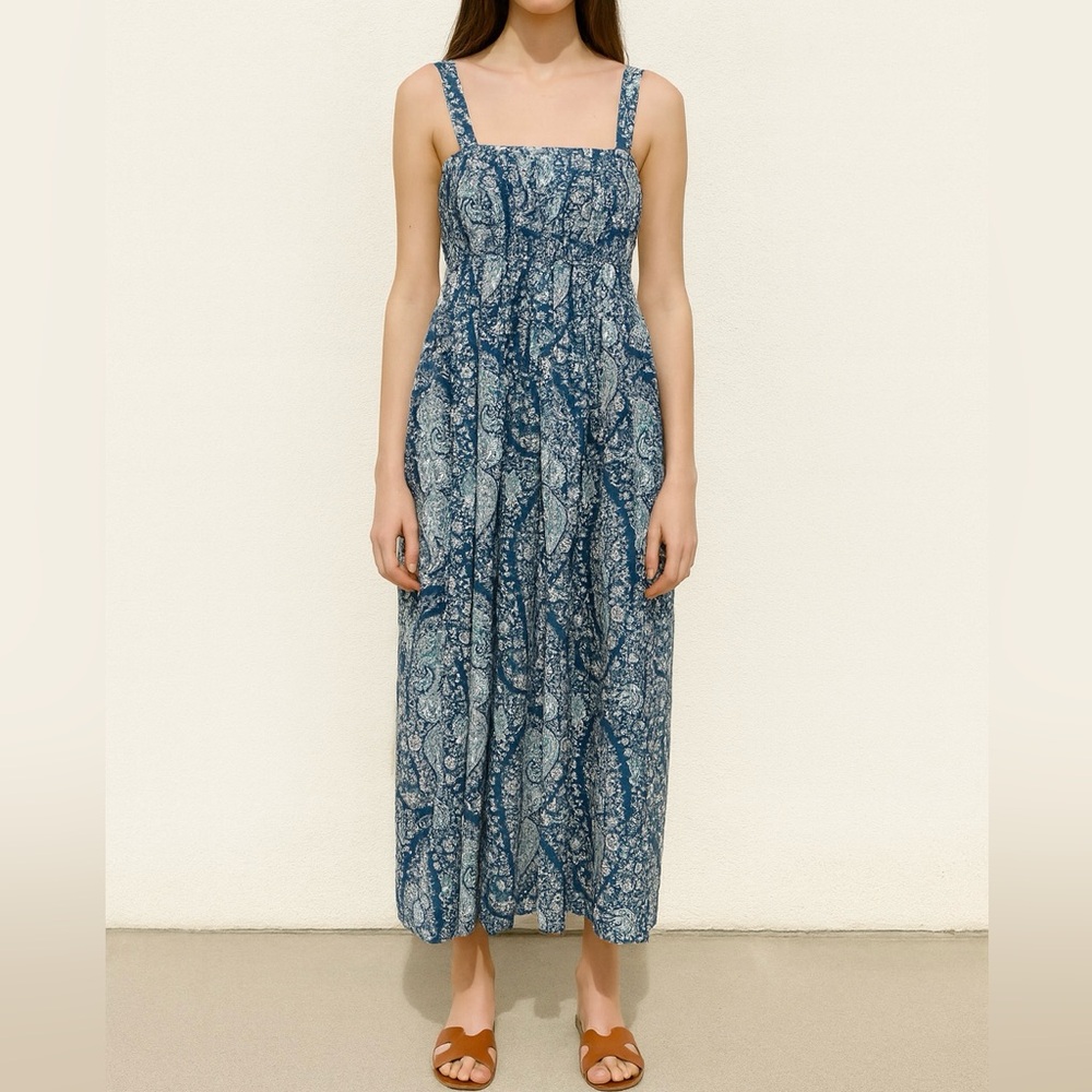 J.Crew Paisley sleeveless Smocked Empire Waist midi dress blue